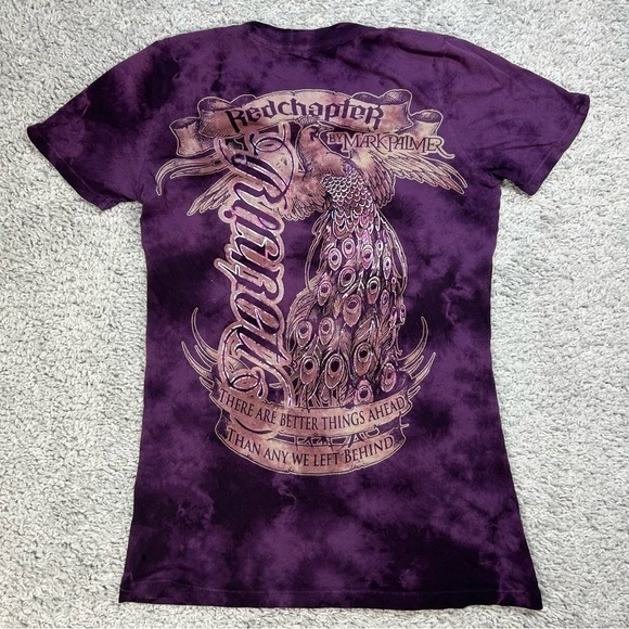 Redchapter Shirt Womens Medium Purple Vneck Peacock Regret Script Love Rock Roll - Picture 5 of 5